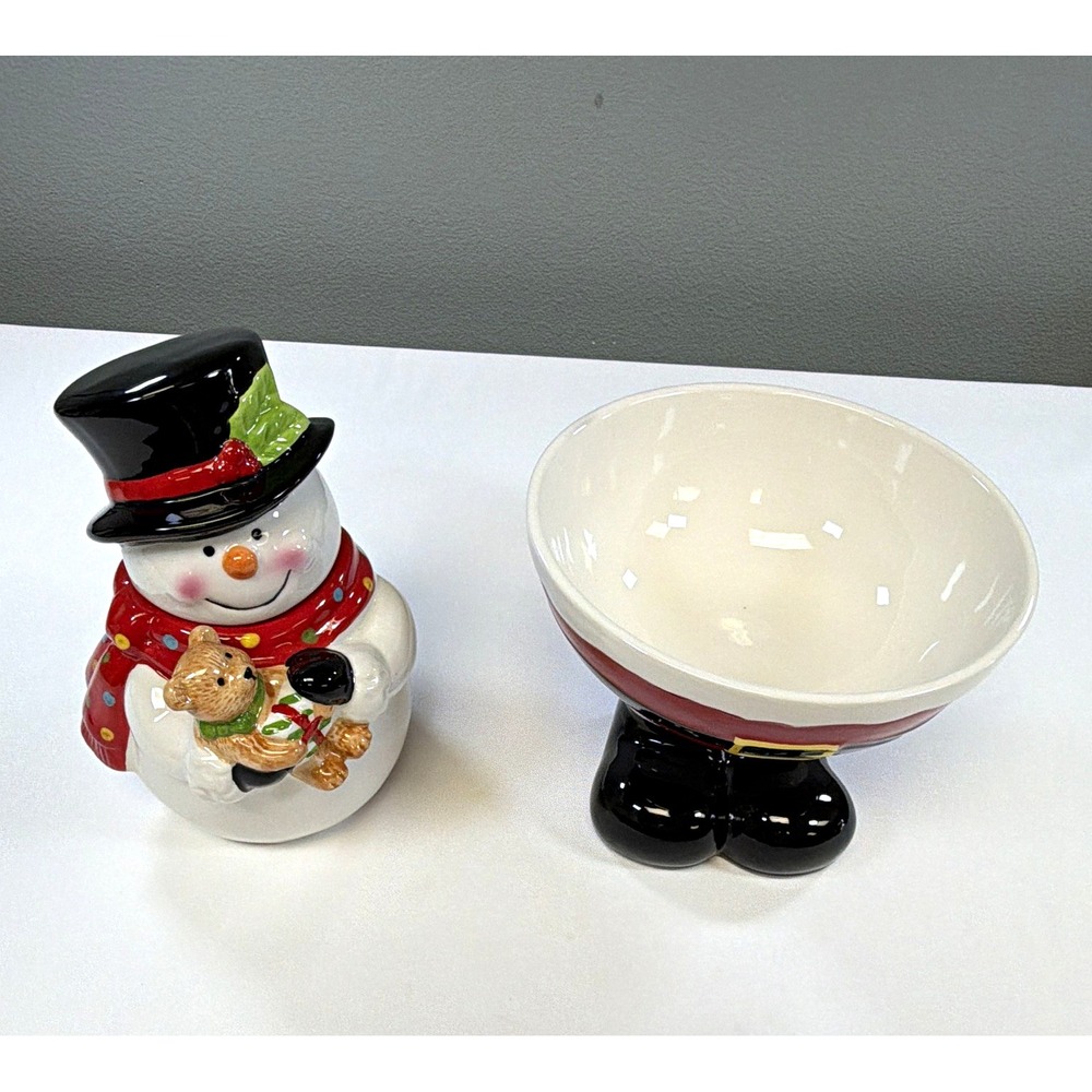 Sleigh Bell Bistro Christmas Ceramic Lot Snowman Cookie Jar Santa Pants Bowl